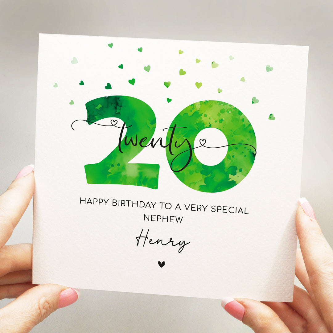 Personalised 20th birthday card, green twentieth birthday card, happy 20th birthday for son, grandson, nephew, godson with hearts