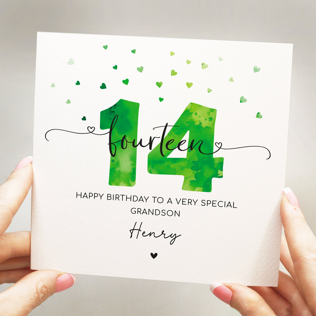 Personalised 14th birthday green card, teenager boy fourteenth birthday, happy 14th birthday for son, grandson, nephew, godson, friend with hearts