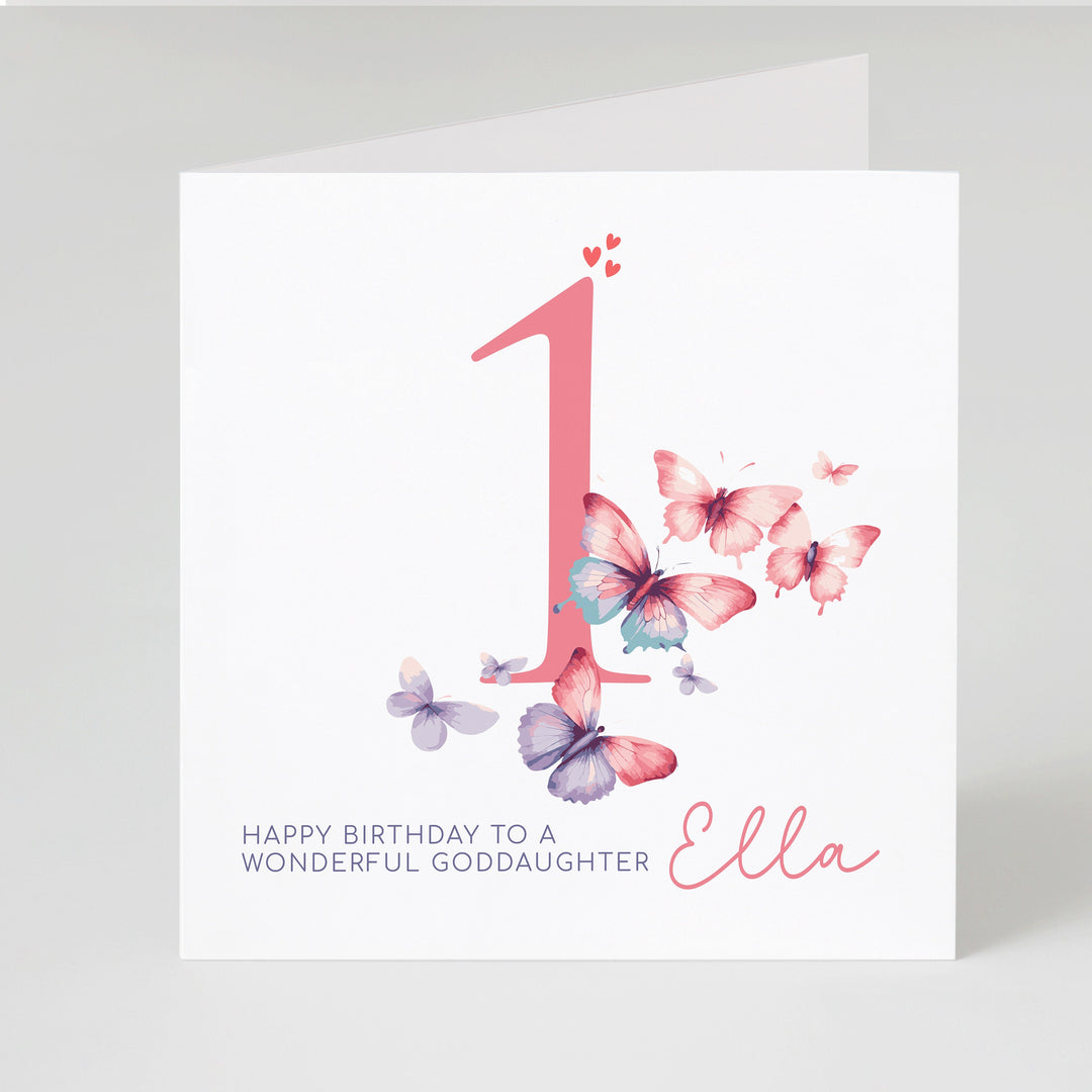 Personalised 1st 2nd 3rd Birthday Card for Granddaughter, Niece, Daughter, Goddaughter, Little Girl, Pink Butterflies, with Name J28