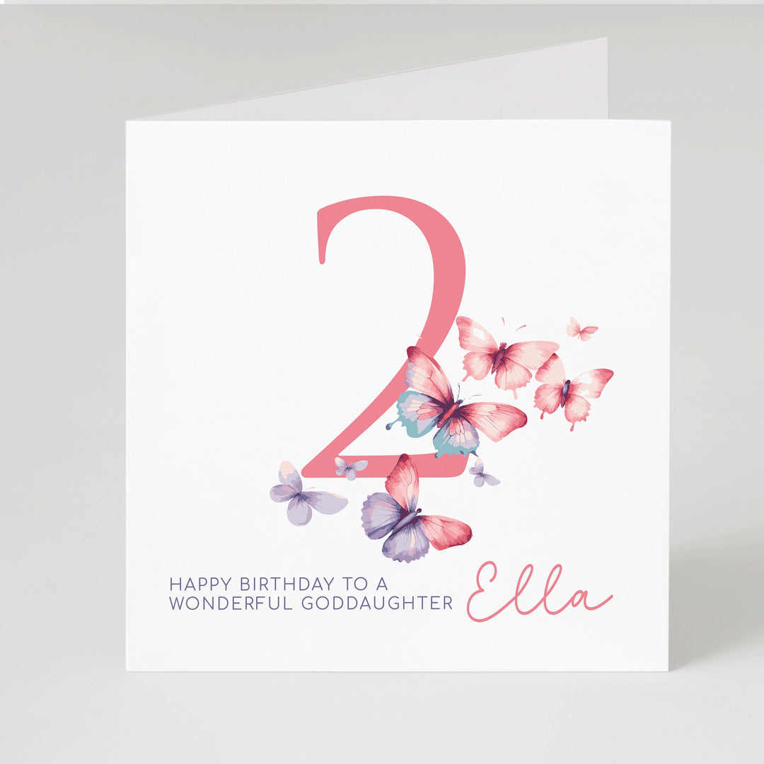 Personalised 2nd Birthday Card for Granddaughter, Niece, Daughter, Goddaughter, Little Girl, Pink Butterflies, with Name