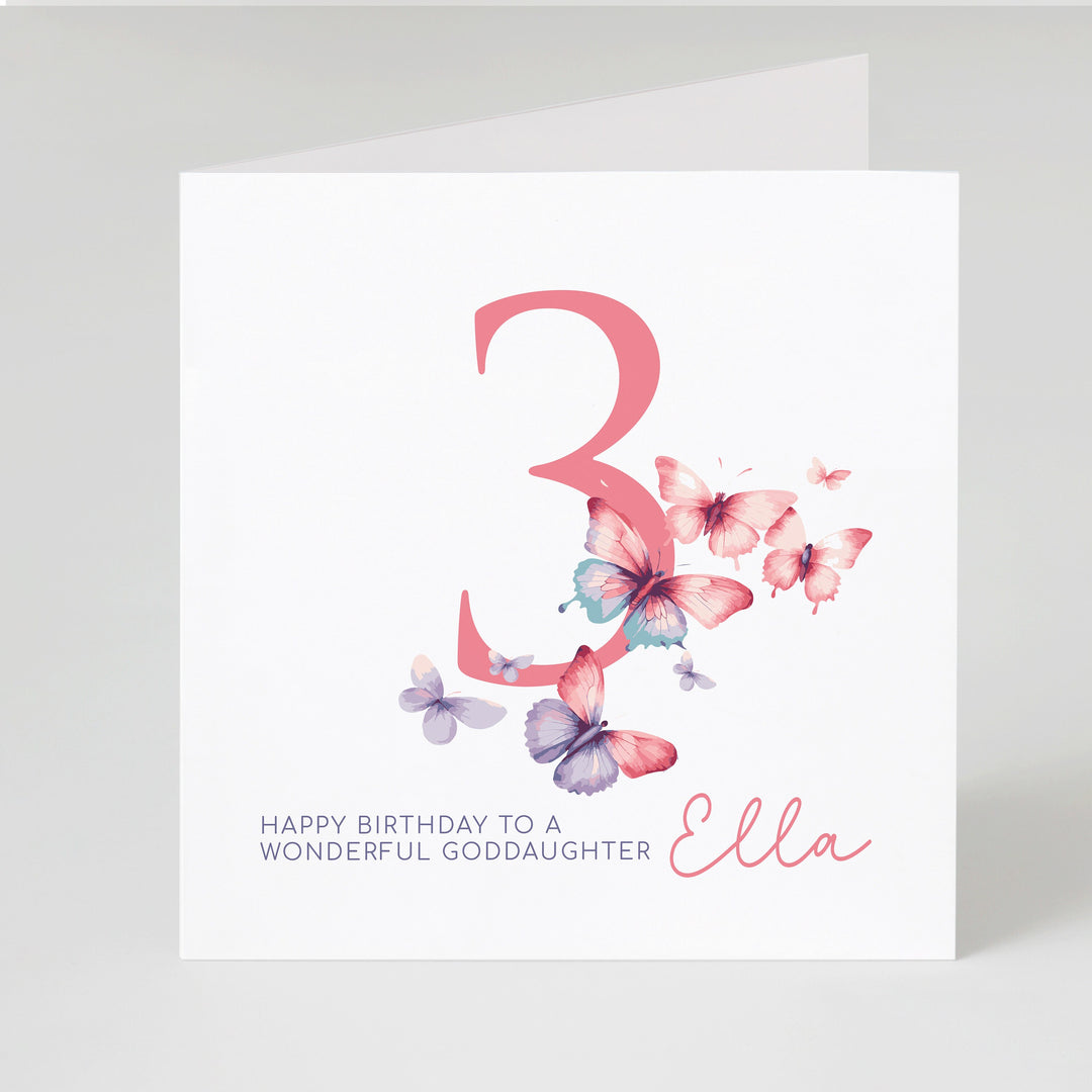 Personalised 3rd  Birthday Card for Granddaughter, Niece, Daughter, Goddaughter, Little Girl, Pink Butterflies, with Name