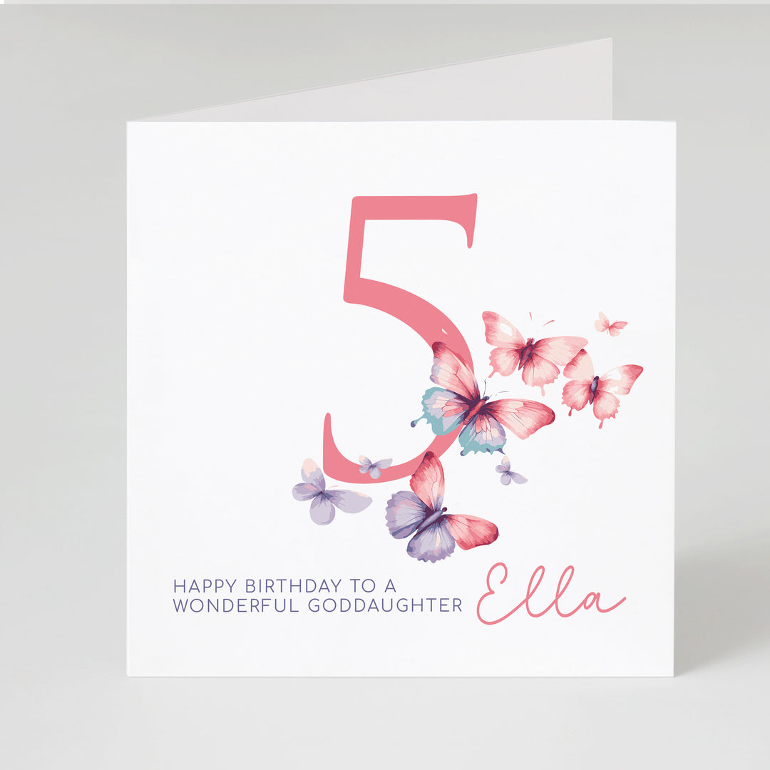 Personalised 5th Birthday Card for Granddaughter, Niece, Daughter, Goddaughter, Little Girl, Pink Butterflies, with Name