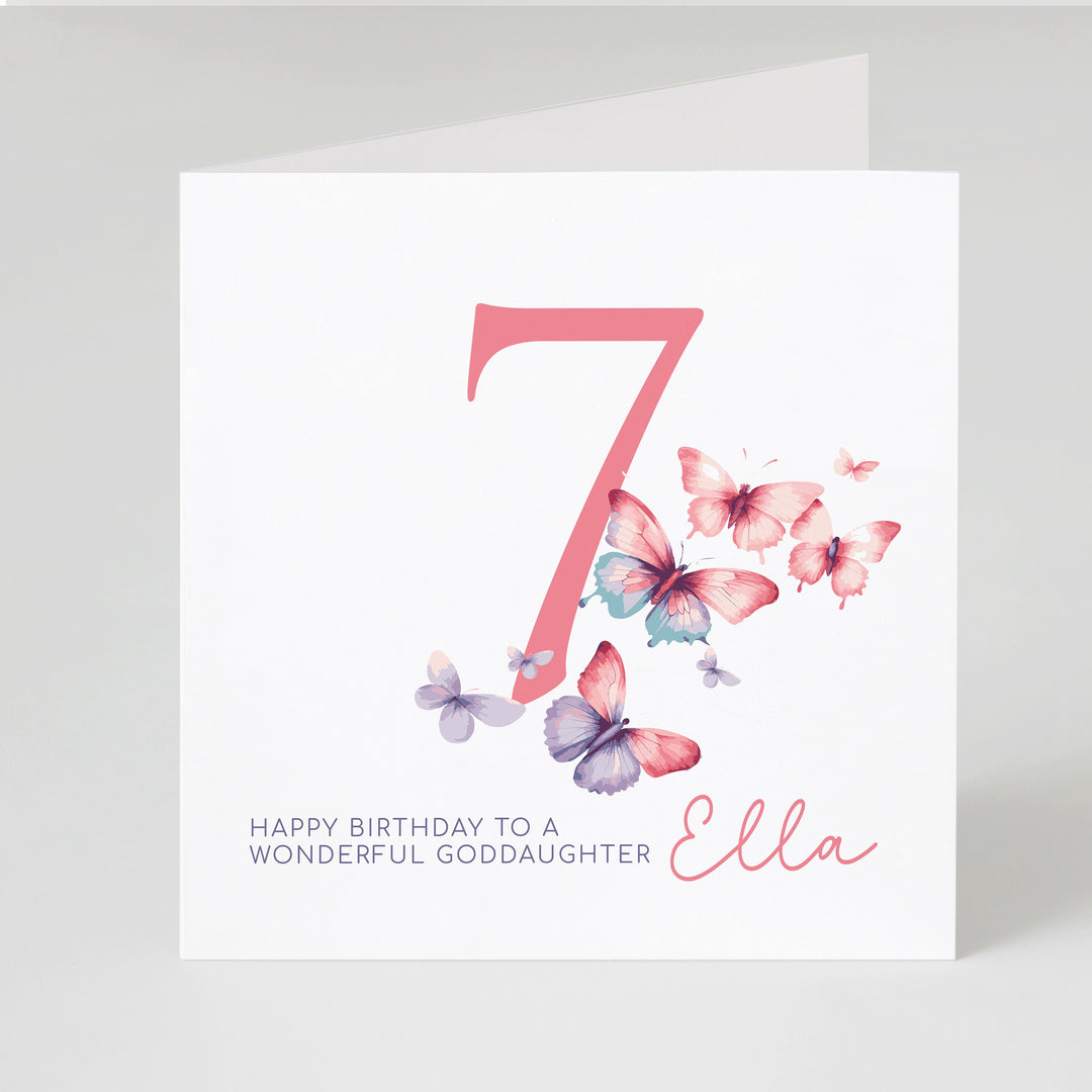 Personalised 7th Birthday Card for Granddaughter, Niece, Daughter, Goddaughter, Little Girl, Pink Butterflies, with Name