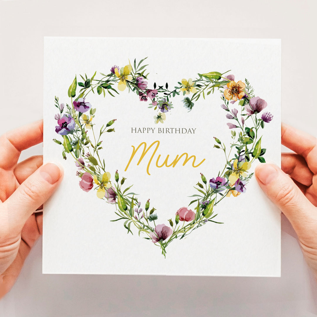 Mum Birthday Card, Floral Heart Wreath Greenery Design Birthday Card, Birthday Card For Mother, Poppy Wildflower Mom Birthday Card