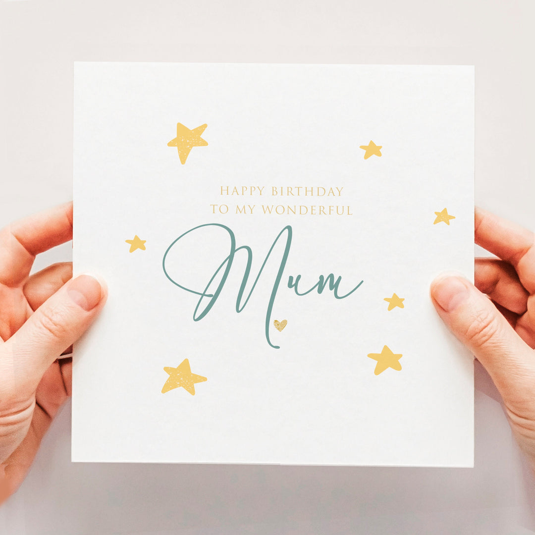 Cute Mum Birthday Card, Simple Birthday Card For Mum With Stars And Heart, Wonderful Mum Birthday Card UK