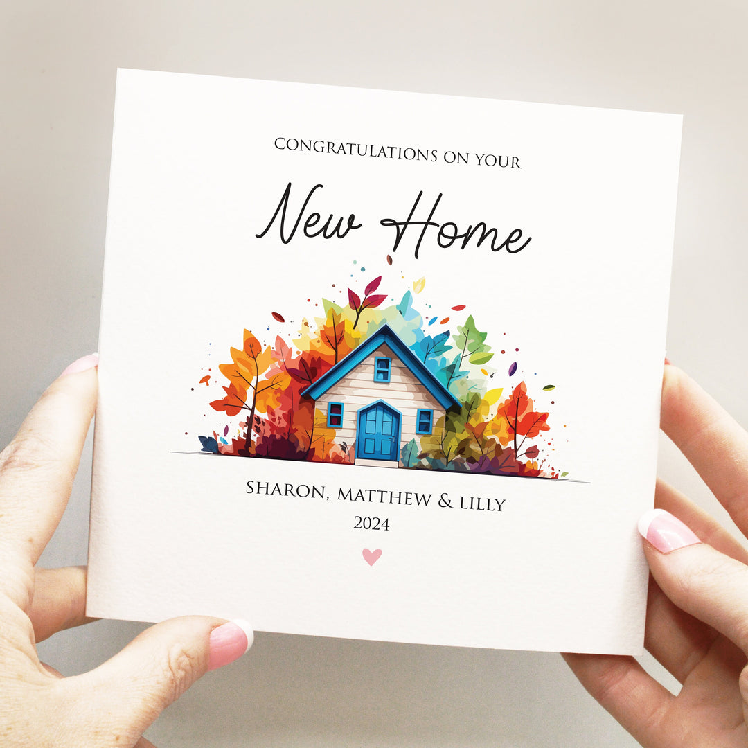 Personalised New Home Card, Colourful New House Card, First Home Card, Moving Day Card, New Home Card for Friends with watercolour house surrounded by colourful leaves and flowers