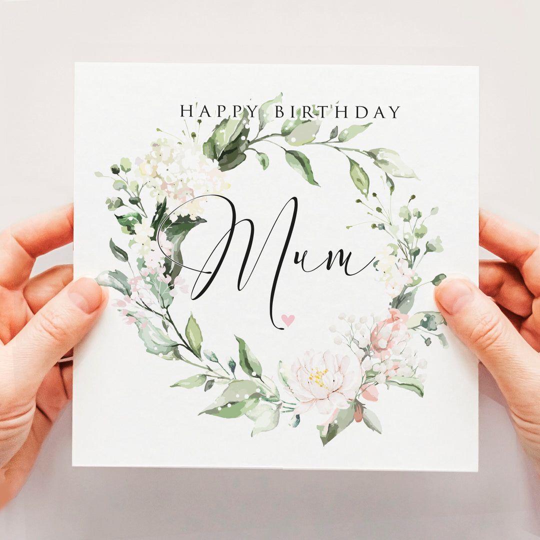 Floral Mum Birthday Card, Mum Birthday Card with Greenery and Blush Roses, Floral Wreath Birthday Card For Mum