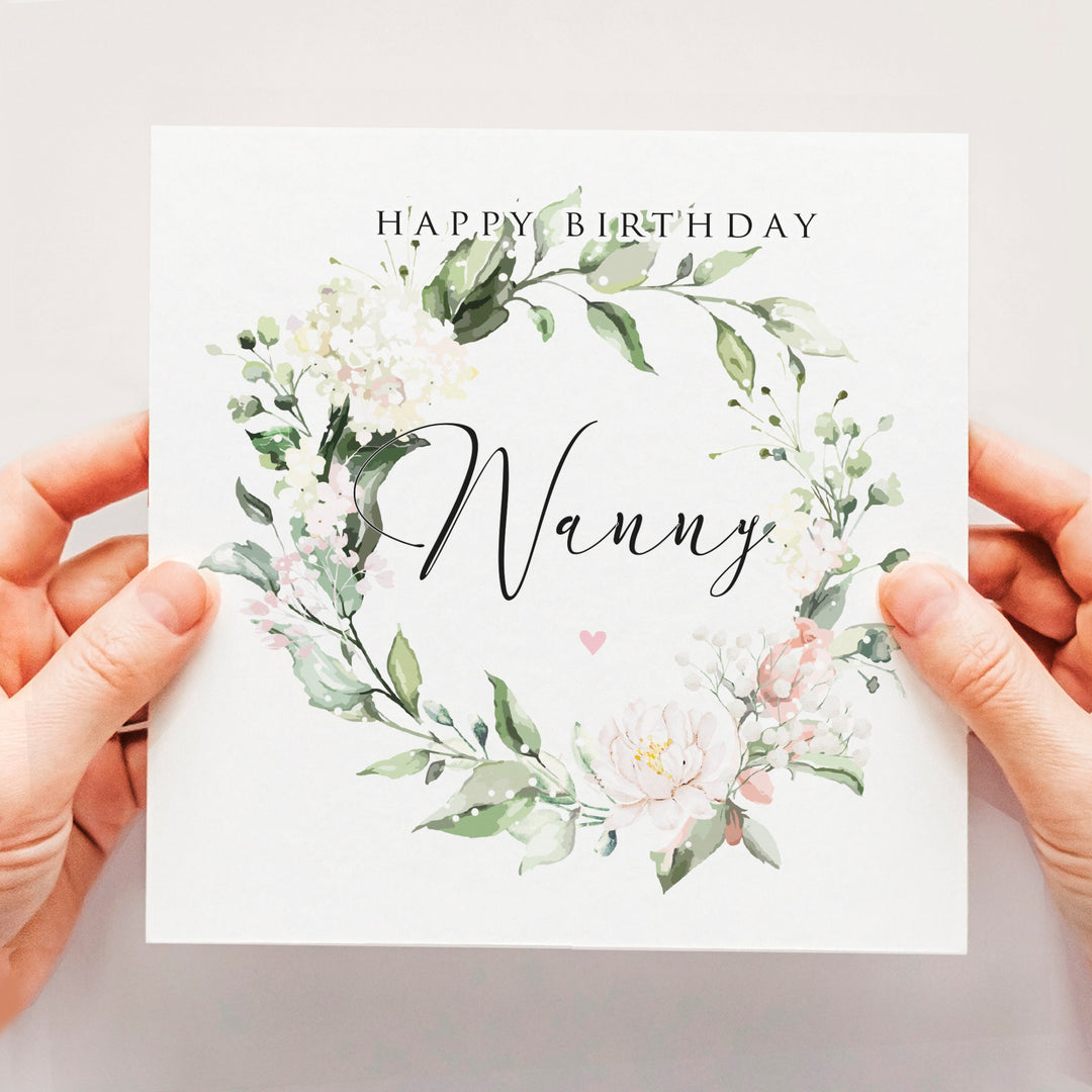 Floral Grandma Birthday Card, Nana, Nanny, Nan Birthday Card with Greenery and Blush Roses, Flower Rose Peonies Eucalyptus Wreath Card