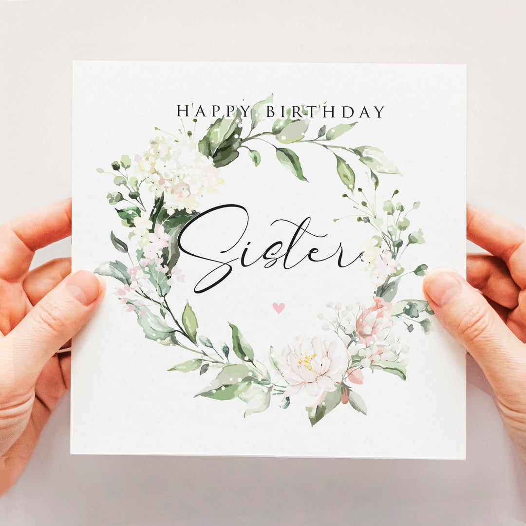 Floral Sister Birthday Card, Sister Birthday Card with Greenery and Blush Roses, Floral Rose Peonies Eucalyptus Wreath Birthday Card