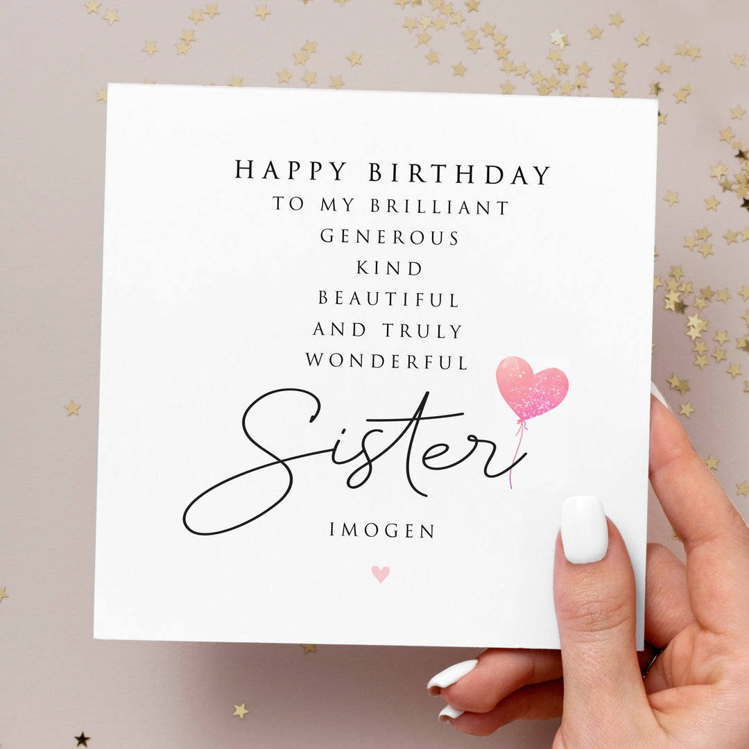 Personalised Sister Birthday Card, Sister Birthday Gift, Pink Balloon Birthday Card, For Her, Special Sister Birthday Card, Wonderful Sister