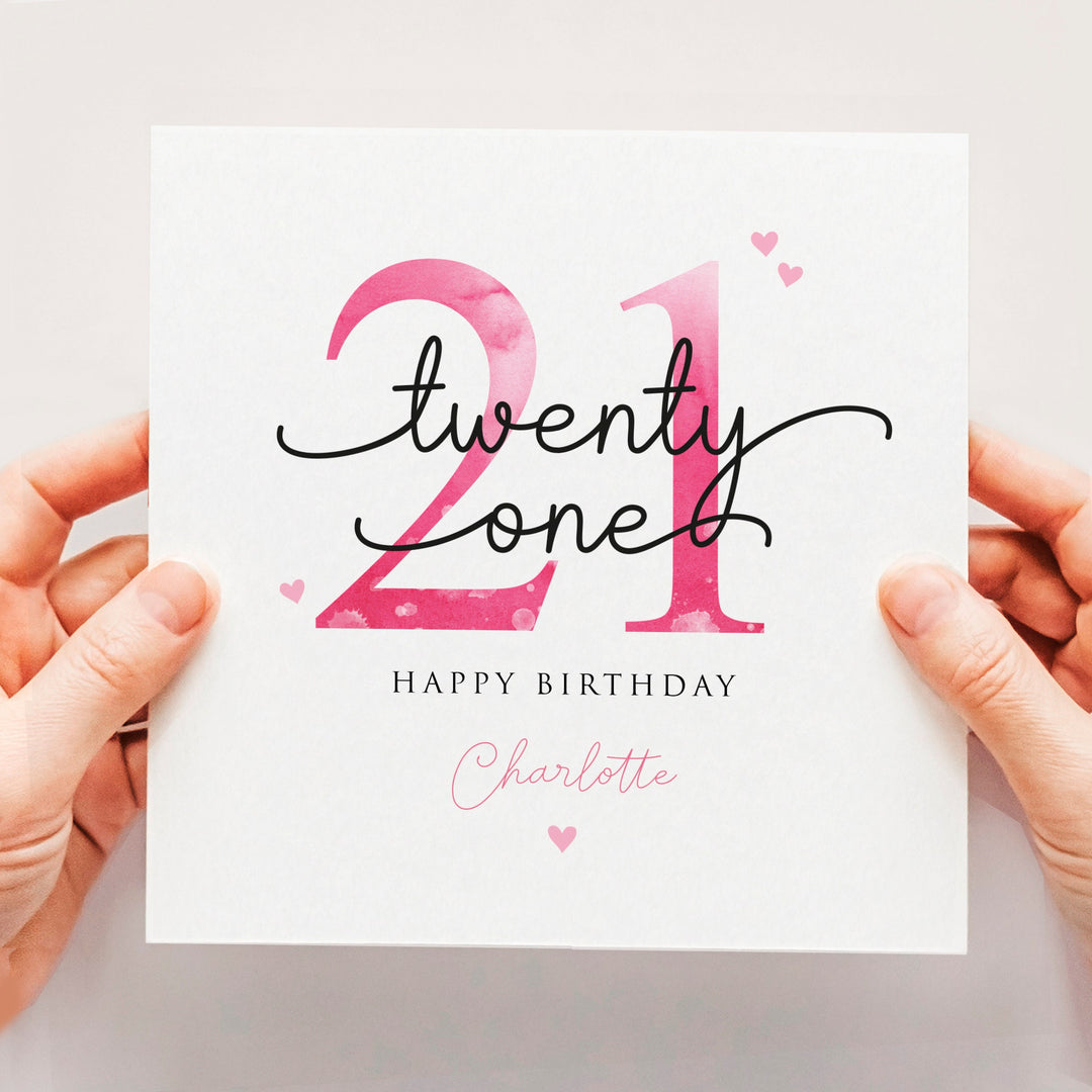 Personalised 21st birthday card, twenty first birthday, pink happy 21st birthday card for daughter, granddaughter, niece, sister