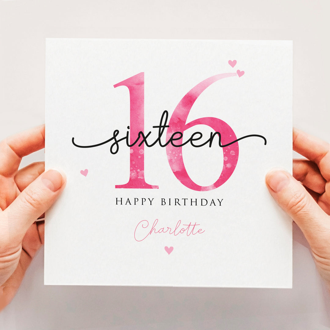 Personalised 16th birthday card, pink teenage girl sixteenth birthday, happy 16th birthday for daughter, granddaughter, niece