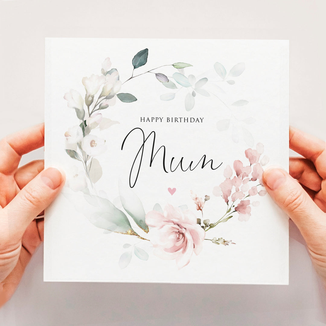 Mum Birthday Card, Floral Pink Rose & Eucalyptus Design Birthday Card, Birthday Card For Mother, Watercolour Flower Wreath Mom Birthday Card