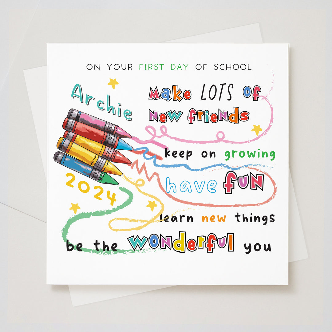 Personalised First Day Of School Card, New School Card, Going To School Card, Reception Card, Happy First Day of School Card with Crayons J28 fun and colourful child card