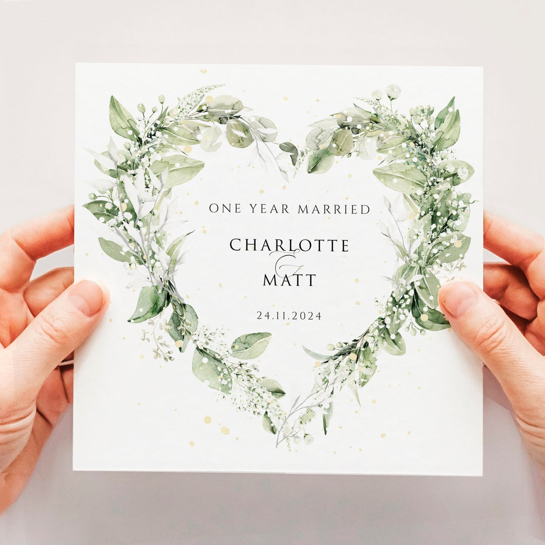 One Year Married, Floral 1st Anniversary Card, Classy & Elegant Heart Wedding Anniversary Card, Personalised First Wedding Anniversary Card eucalyptus greenery foliage wreath