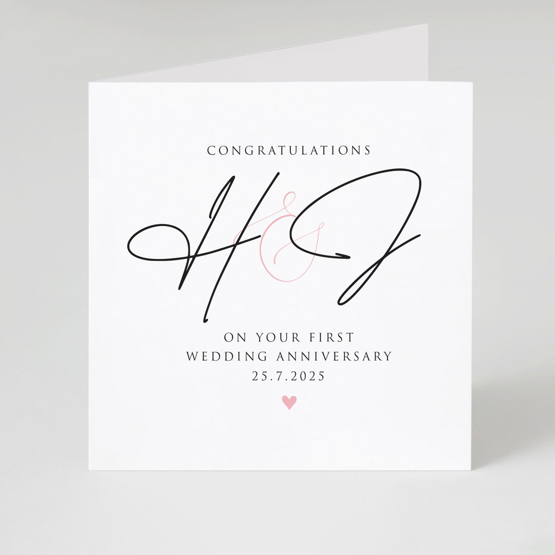 First Anniversary Card, For Friend Anniversary Card, One Year Anniversary Card For Couple, Daughter, Son, Niece Wedding Anniversary Card with initials and heart elegant and classy with date