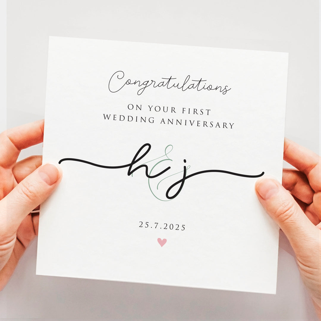 Personalised Anniversary Card with Initials & Date, Congratulations on your Wedding Anniversary Card, Elegant Anniversary Card