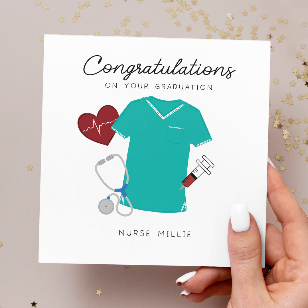 Personalised Nurse Card, Congratulations Nurse Card, Qualified Nurse, Nurse Promotion Card, Good luck New Nurse Job, Nurse Graduation with scrubs syringe heart illustrations