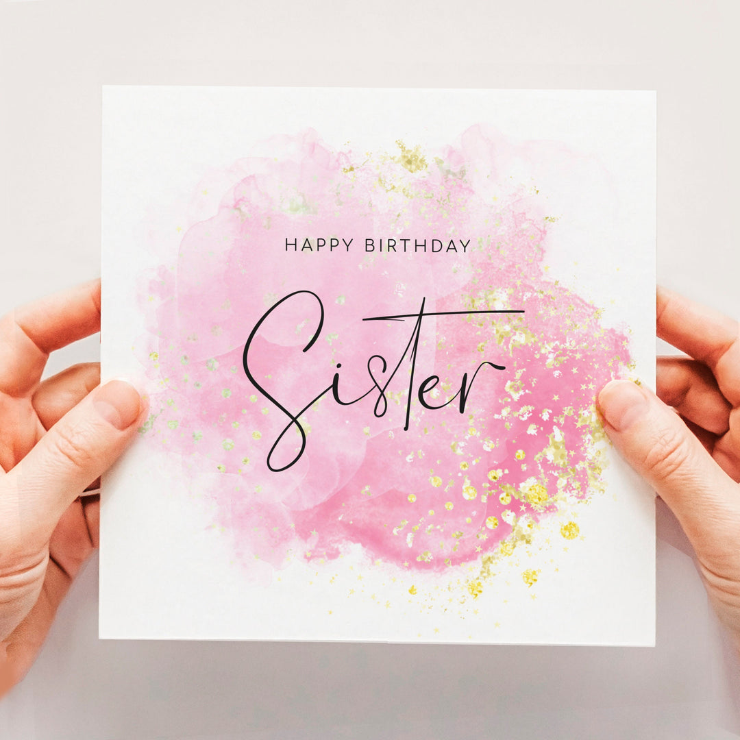 Sister Pink Birthday Card, Pink Watercolour Sparkle Happy Birthday Card for Sister