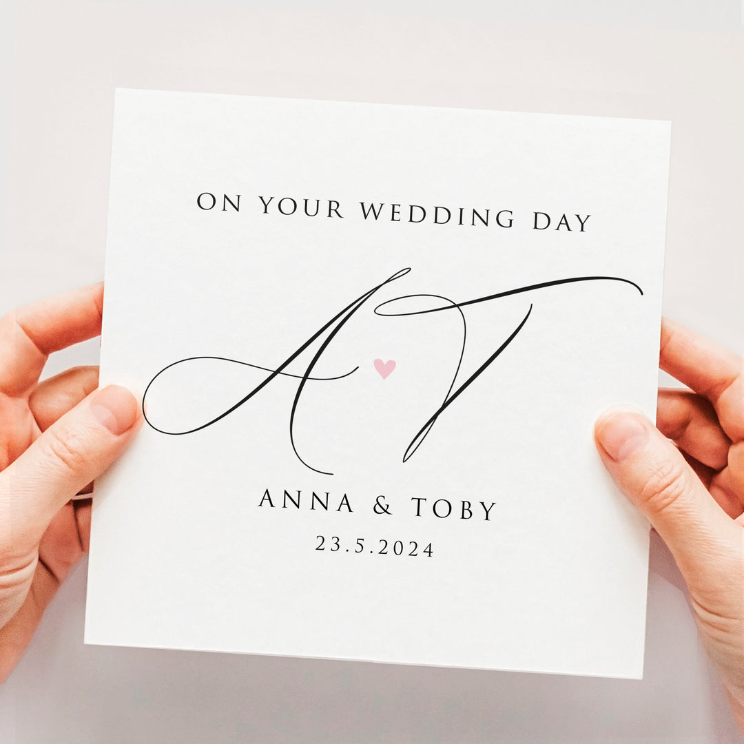 Elegant Wedding Day Card, Personalised Initials and Names Just Married Wedding Day Card with Heart & Date