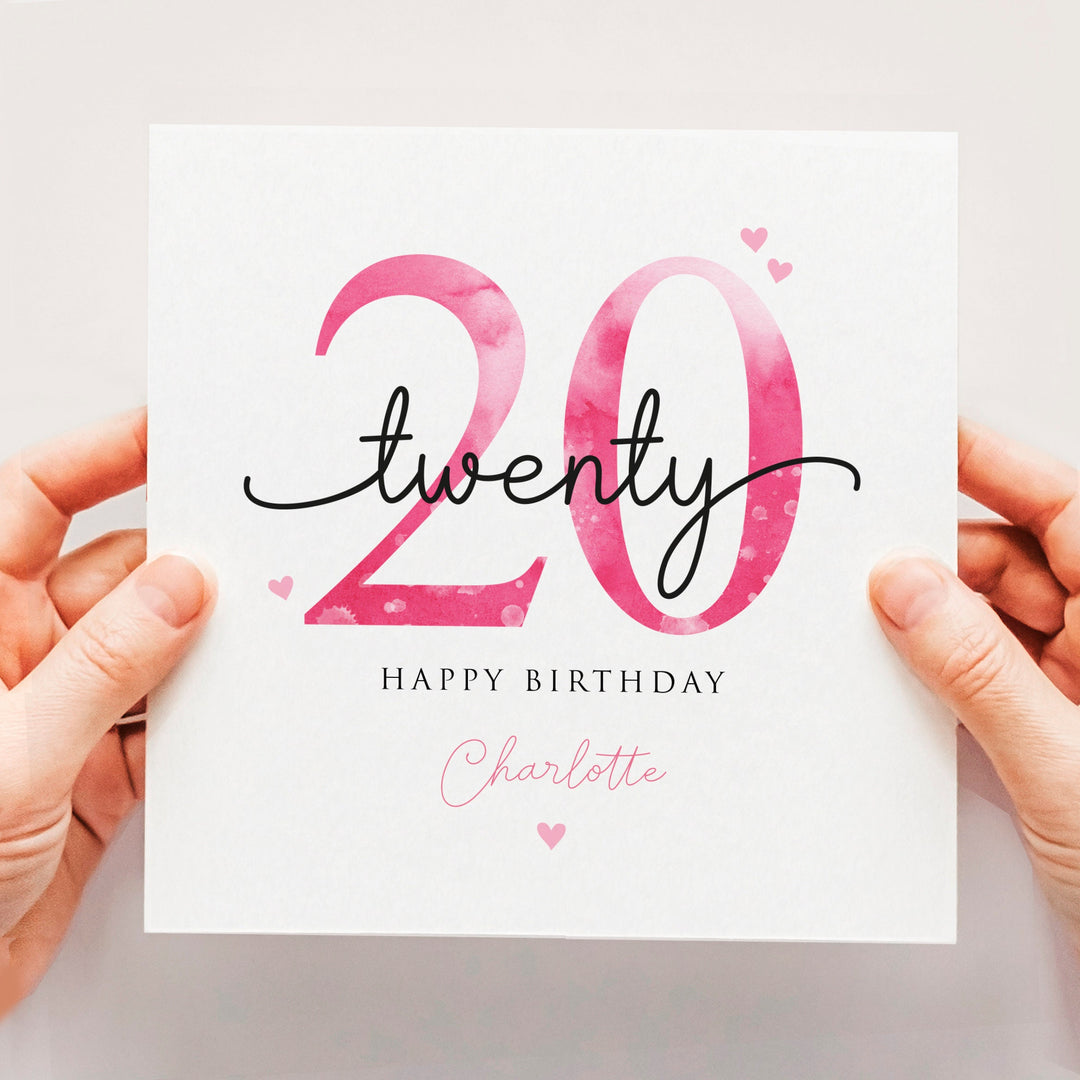 Personalised 20th birthday card, twentieth birthday, pink happy 20th birthday for daughter, granddaughter, niece, sister