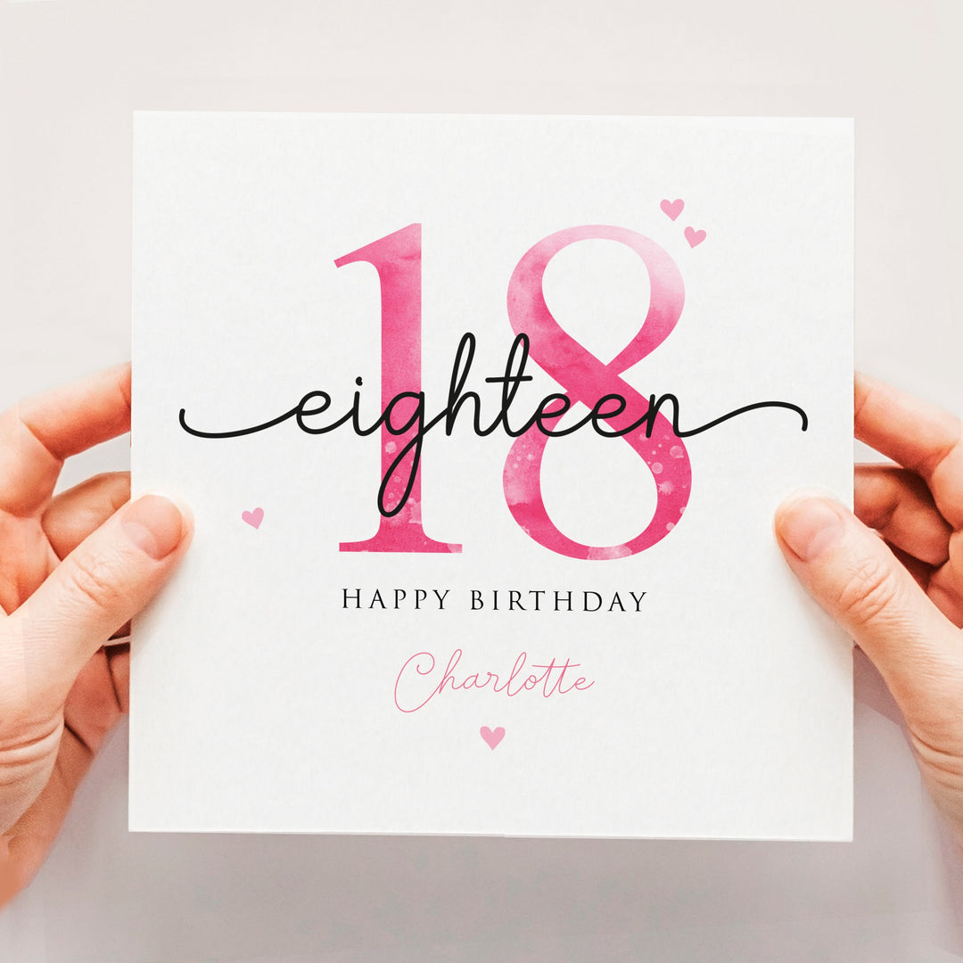 Personalised 18th birthday card, pink teenage girl eighteenth birthday card, happy 18th birthday for daughter, granddaughter, niece