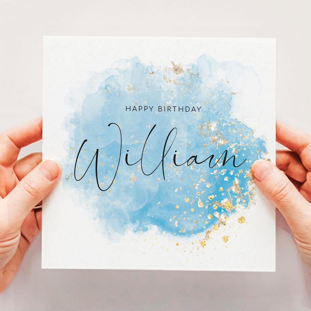 Personalised Blue Birthday Card, Happy Birthday Card With Name, Card for Him, Husband, Unisex Birthday Card