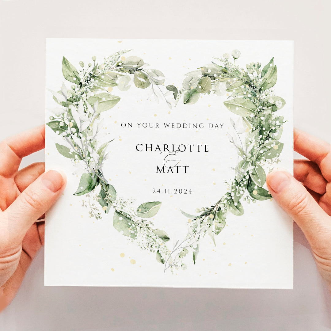 Personalised Newlyweds Wedding Day Card, Foliage Heart Wreath Just Married Wedding Card, Classy Elegant Wedding Congratulations Card with eucalyptus