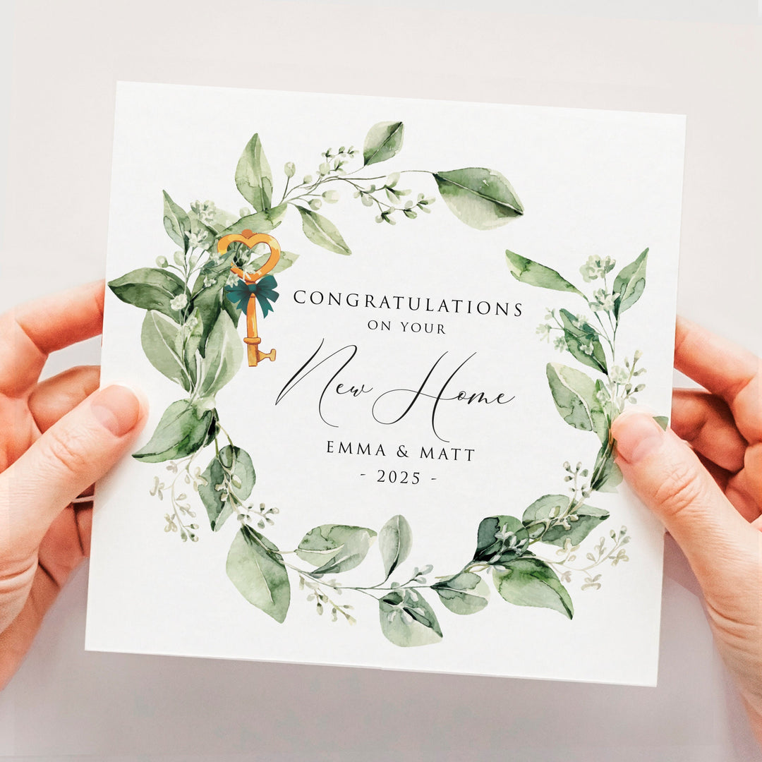 Personalised New Home Card, New Home Gift, Congratulations On Your New Home, Happy Moving Day, New Home Card For Parents, Friends with greenery wreath botanical wildflowers and keys with ribbon watercolour and new chapter new adventures new memories