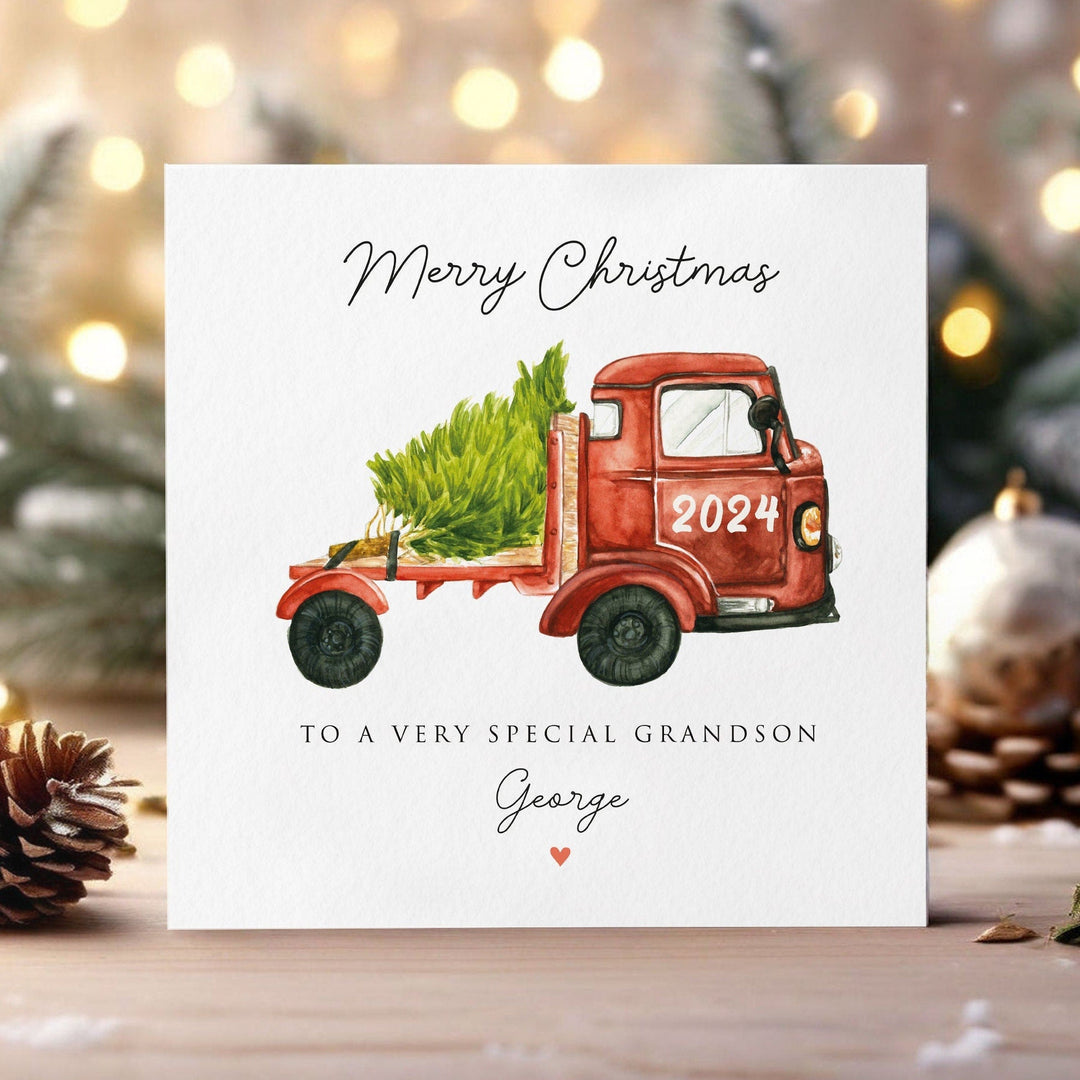 Personalised Boys Christmas Card for Son, Grandson, Godson, Nephew, Cousin, Little Brother, Digger, Dumper Truck, Excavator, Heavy Machinery with christmas tree 2024