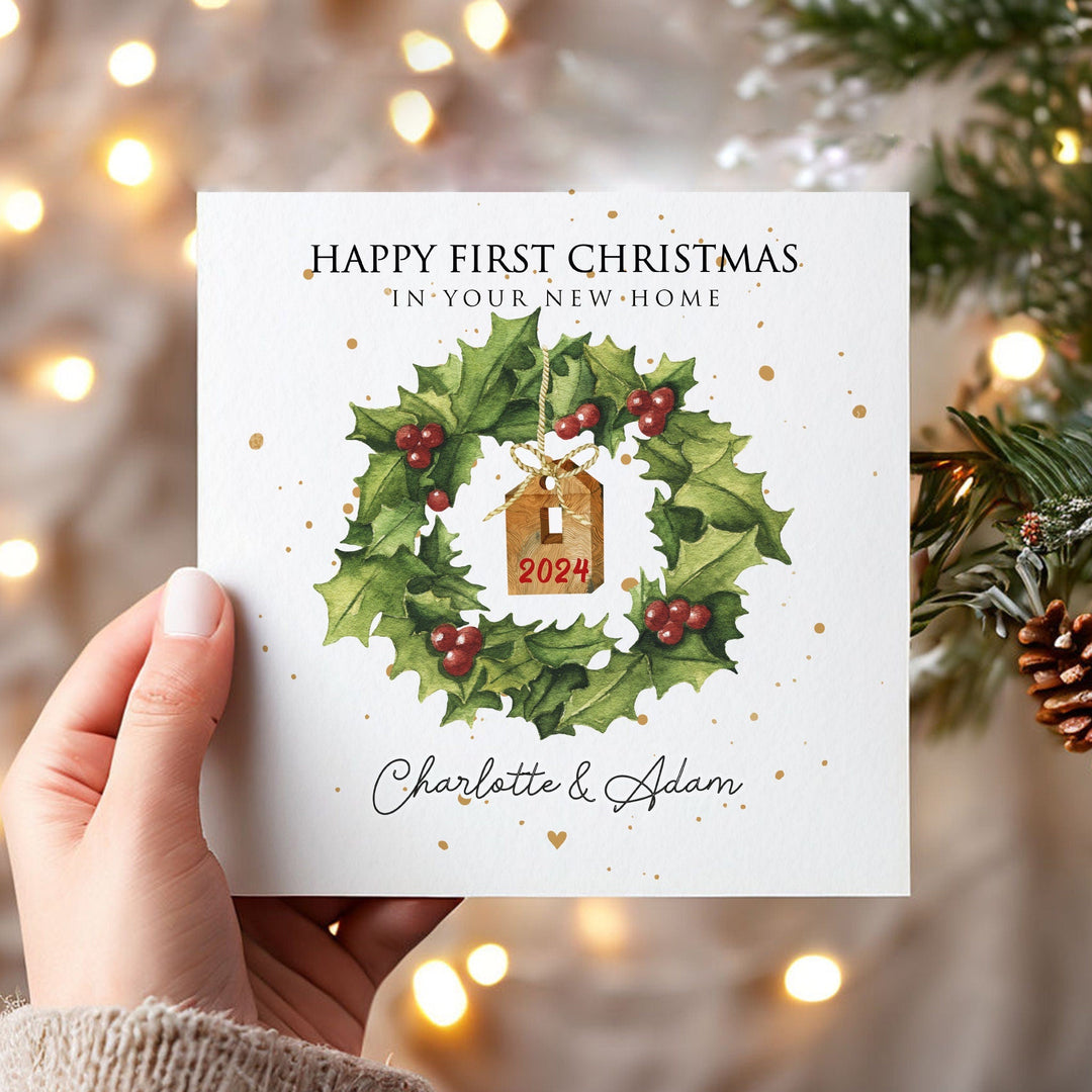 Personalised New Home at Christmas Card, Watercolour Christmas Card for New House Owners, Moving Home, First Home Together, First Christmas in new home card, christmas wreath and house ornament card