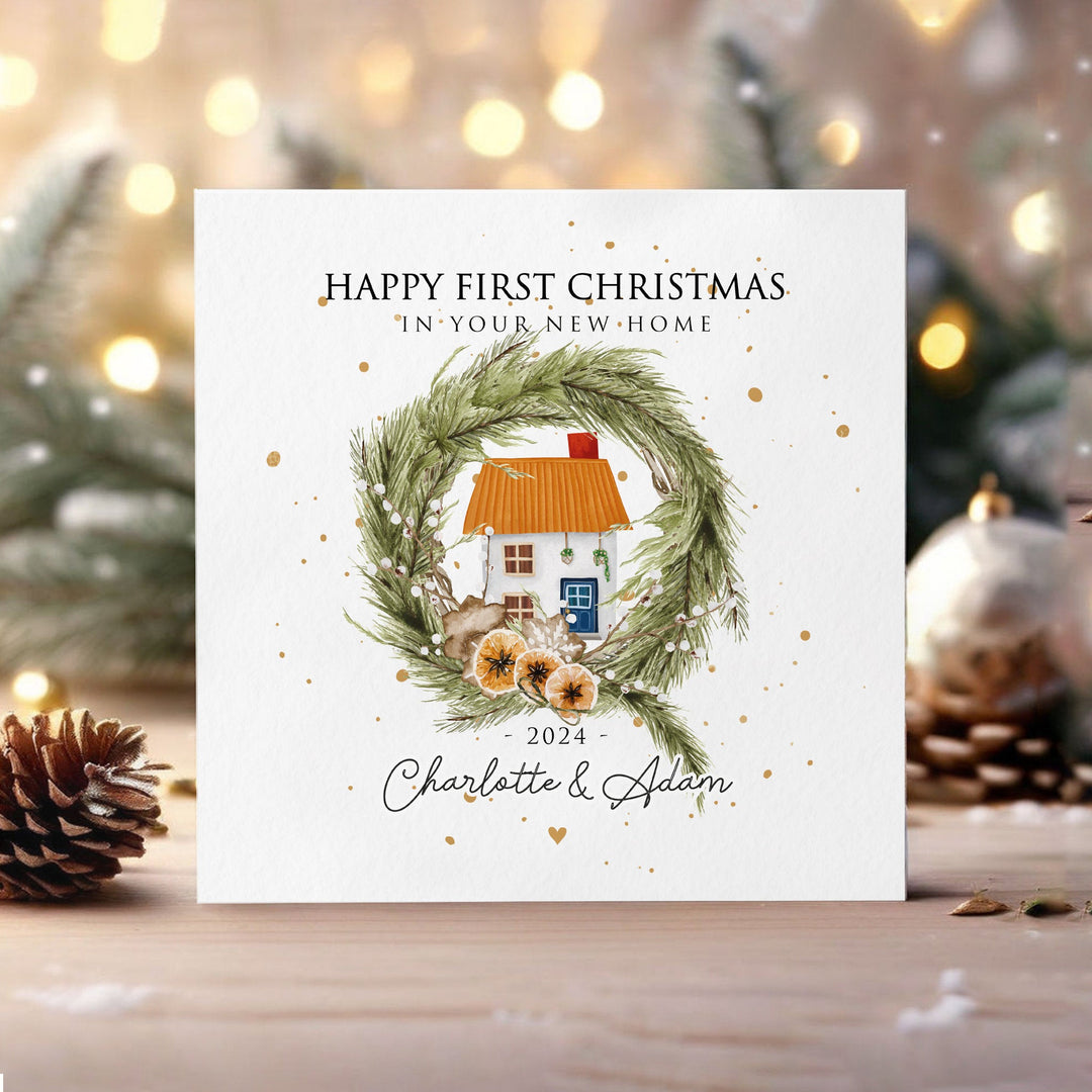 Personalised New Home at Christmas Card, Watercolour Christmas Card for New House Owners, Moving Home, First Home Together, First Christmas in new home card, christmas wreath and house ornament card