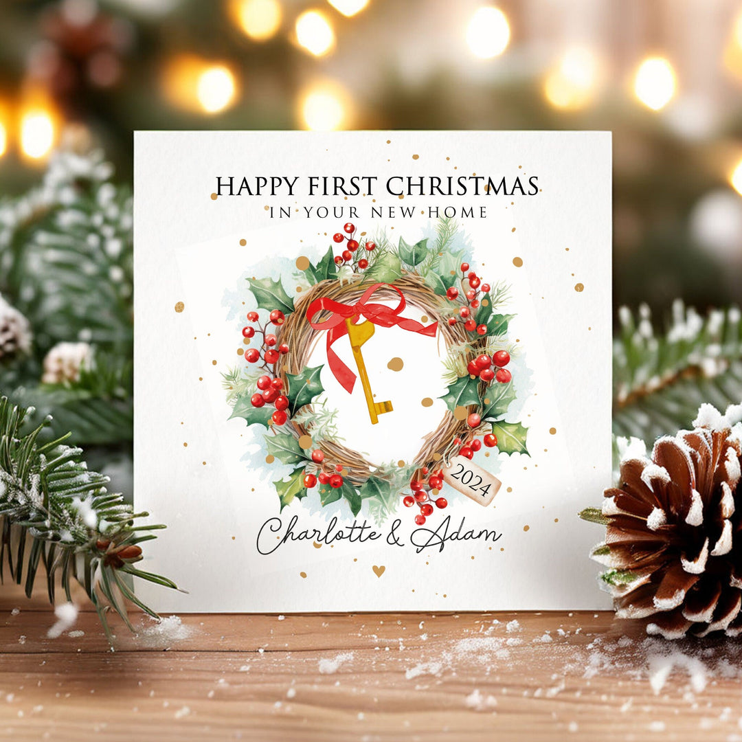 Personalised New Home at Christmas Card, Watercolour Christmas Card for New House Owners, Moving Home, First Home Together, First Christmas in new home card, christmas wreath and house ornament card