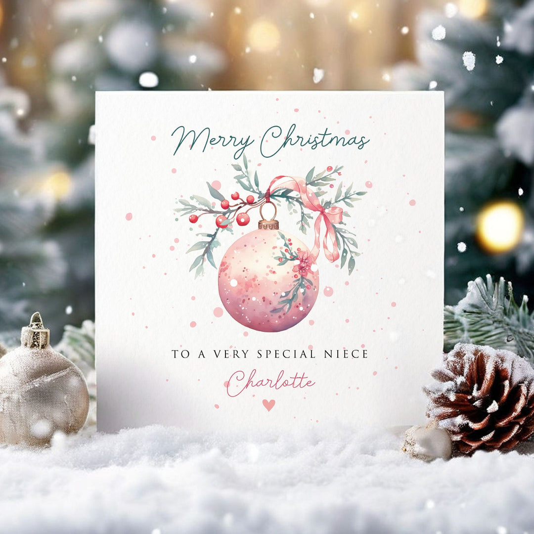 Personalised Christmas Bauble Card, Watercolour Christmas Card for Daughter, Niece, Granddaughter, Goddaughter, Little Girl Pink Christmas with pink bauble, and pink name