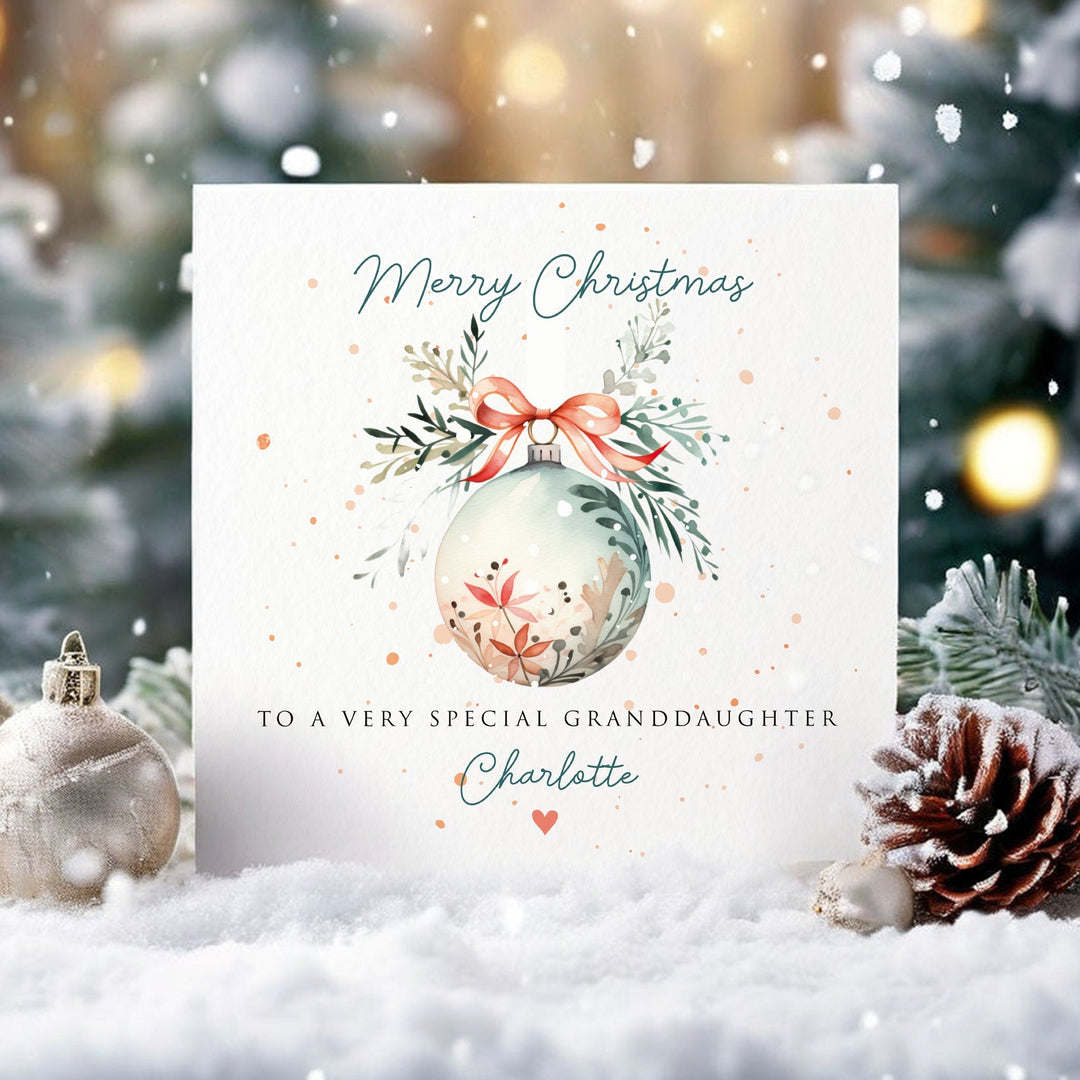 Traditional Christmas Bauble Card For Her, Personalised Watercolour Christmas Card for Daughter, Niece, Granddaughter, Grandma, Auntie with floral christmas bauble and name