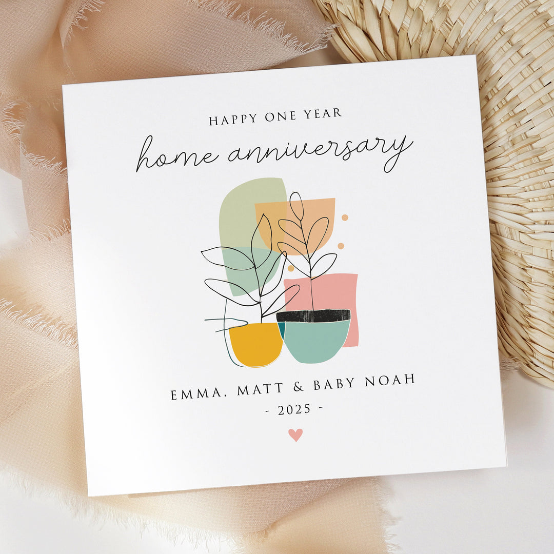 Happy One Year House Anniversary, Personalised Home Ownership Congratulations Card, Home Anniversary Card withcolourful house plant illustration and handwritten text