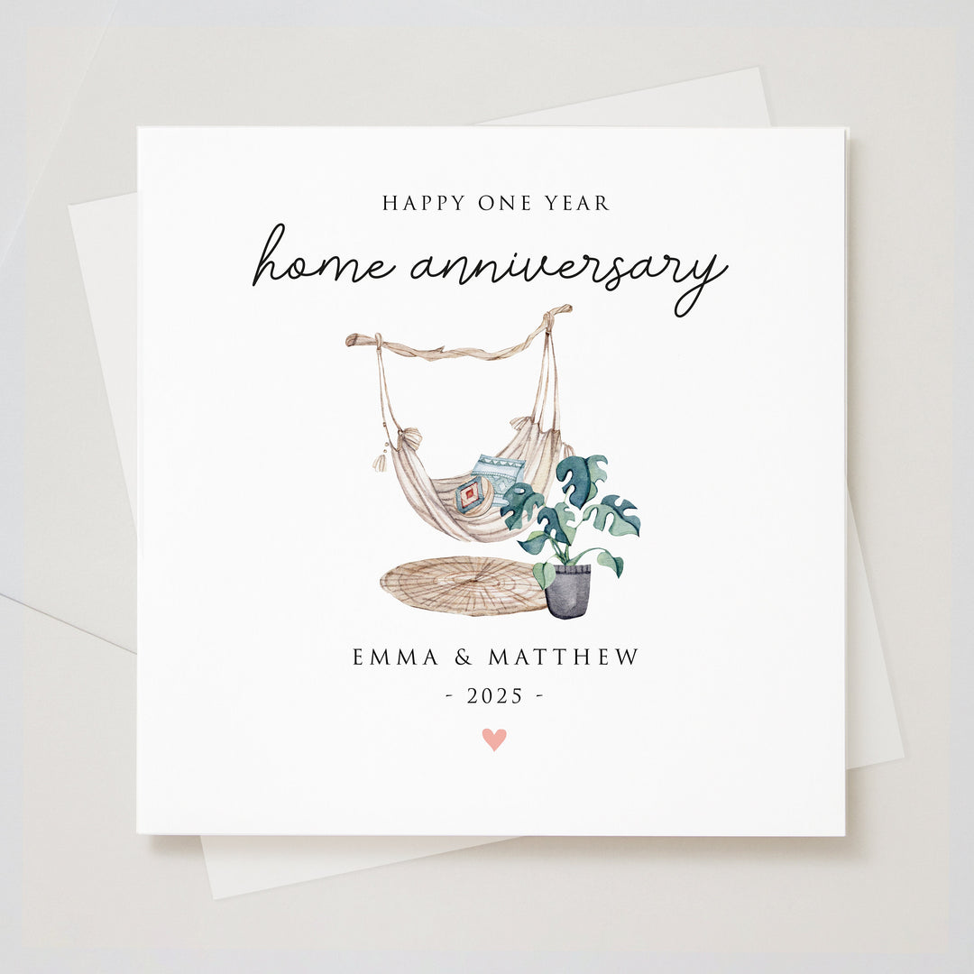 Happy One Year House Anniversary, Personalised Home Ownership Congratulations Card, Home Anniversary Card with colourful watercolour house plant illustration and handwritten text hammock settled in