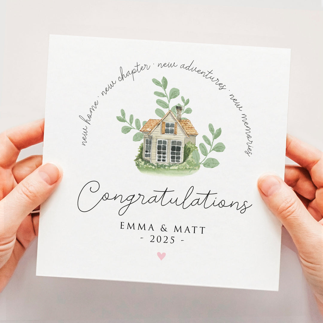 Personalised New Home Card, New Home Gift, Congratulations On Your New Home, Happy Moving Day, New Home Card For Parents, Friends with greenery wreath botanical wildflowers and keys with ribbon watercolour and new chapter new adventures new memories