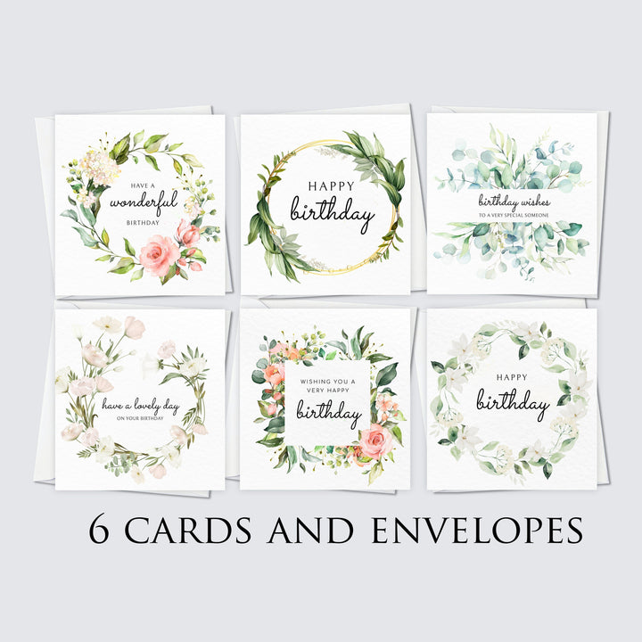 6x Floral Birthday Greeting Card Pack - Watercolour wreath & frame designs, eucalyptus, rose birthday cards 6x Floral Birthday Greeting Card Pack, Watercolour Eucalyptus, Rose Birthday cards, Grandparents Birthday, Senior Elderly Birthday Cards