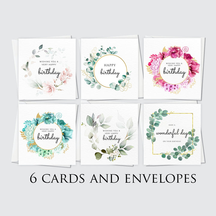 6x Floral Birthday Greeting Card Pack, Watercolour Eucalyptus Rose design, Grandparents Birthday, Senior Elderly Persons Birthday Cards