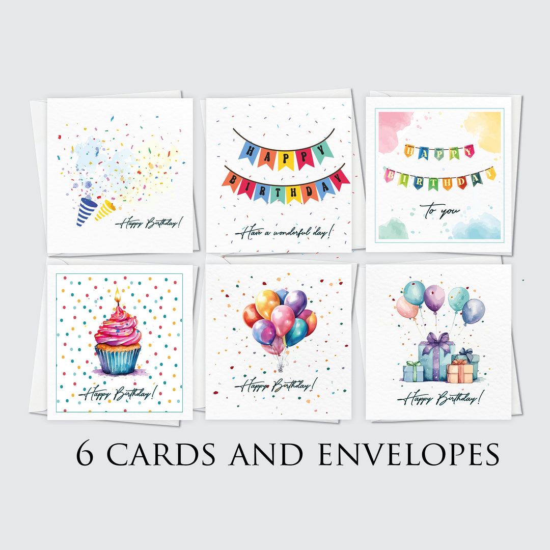 6x Colourful Birthday Cards, Set of 6 Happy Birthday Blank Cards, Watercolour Variety Multi pack, Unisex Any Age Cards Pack with party popper, bunting, confetti, cupcake, birthday balloons and gifts presents