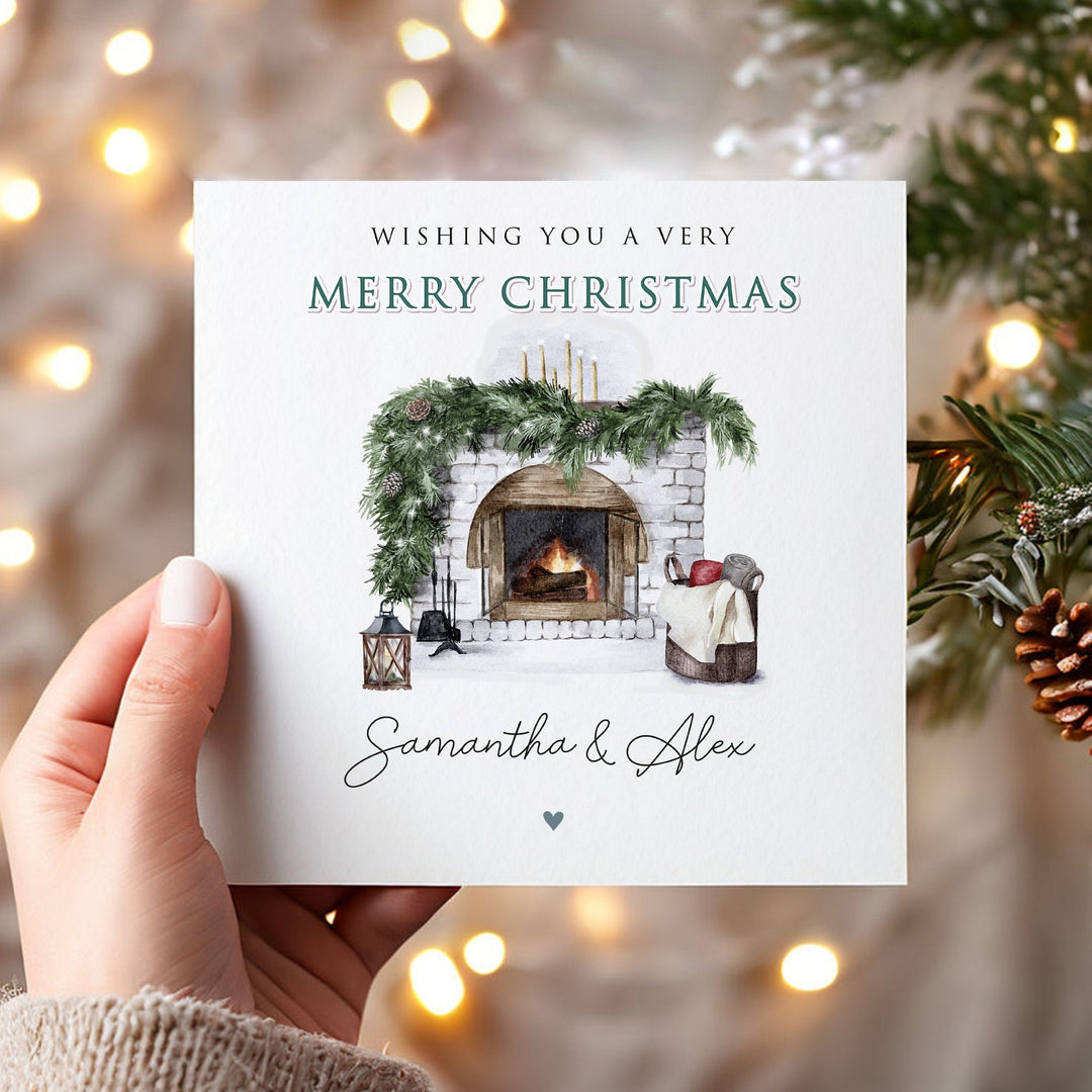 Personalised Christmas fireplace Card, Watercolour Christmas Card for Sister, Mum, Auntie, Niece, Grandma, Granddaughter, Goddaughter, Grandad with christmas branches, fire, candles, cozy home scene painted in watercolours