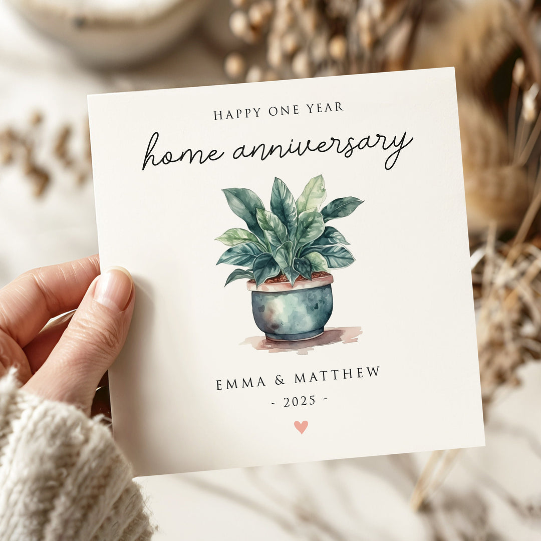 Happy One Year House Anniversary, Personalised Home Ownership Congratulations Card, Home Anniversary Card with colourful watercolour house plant illustration and handwritten text