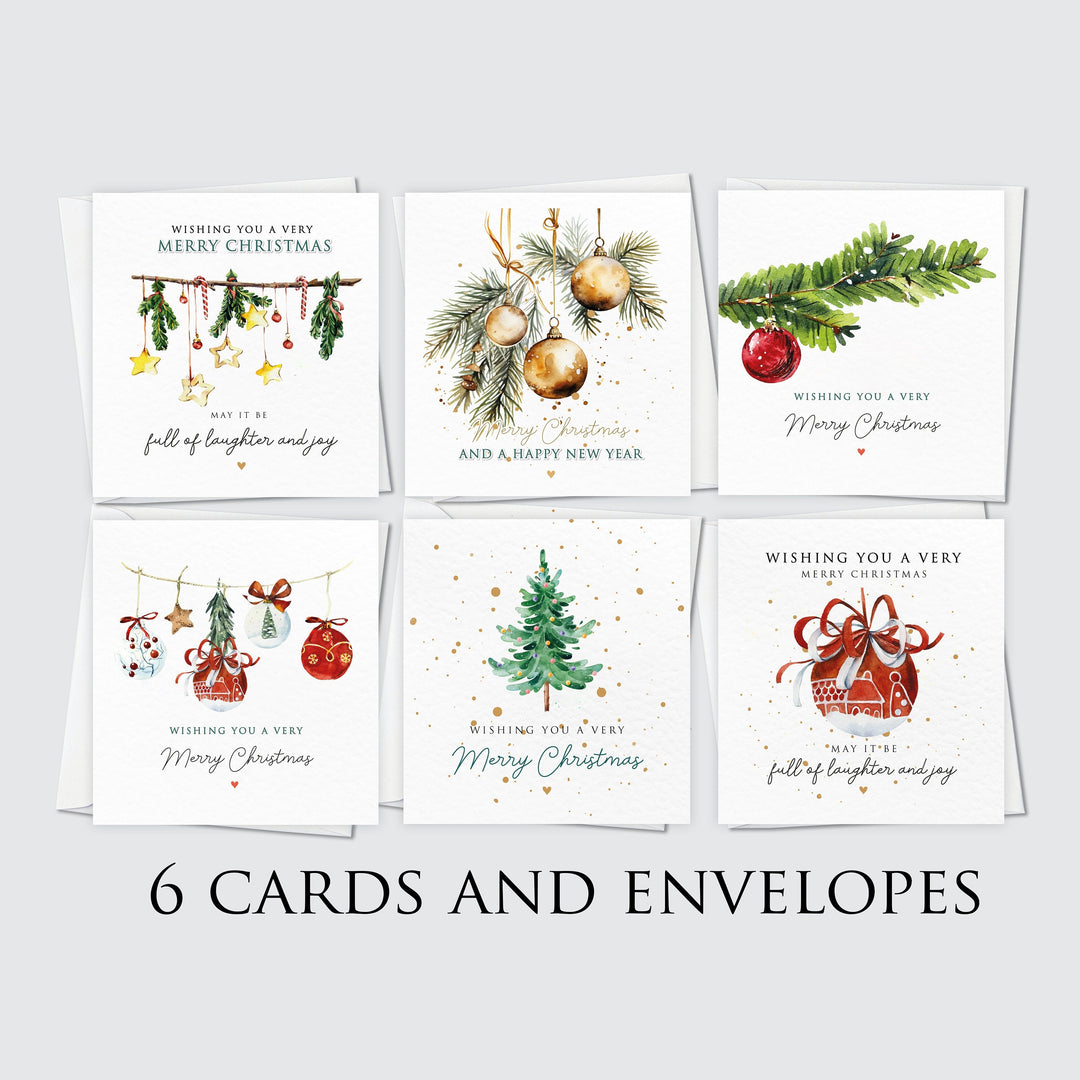 6x Christmas Cards, Winter Holidays Card Set, Christmas Baubles, Mistletoe, Christmas Tree, Branch Designs, Watercolour Card Pack