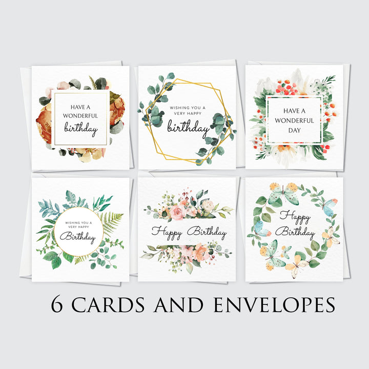 6x Floral Birthday Greeting Card Pack, Watercolour Eucalyptus Rose design, Grandparents Birthday, Senior Elderly Persons Birthday Cards