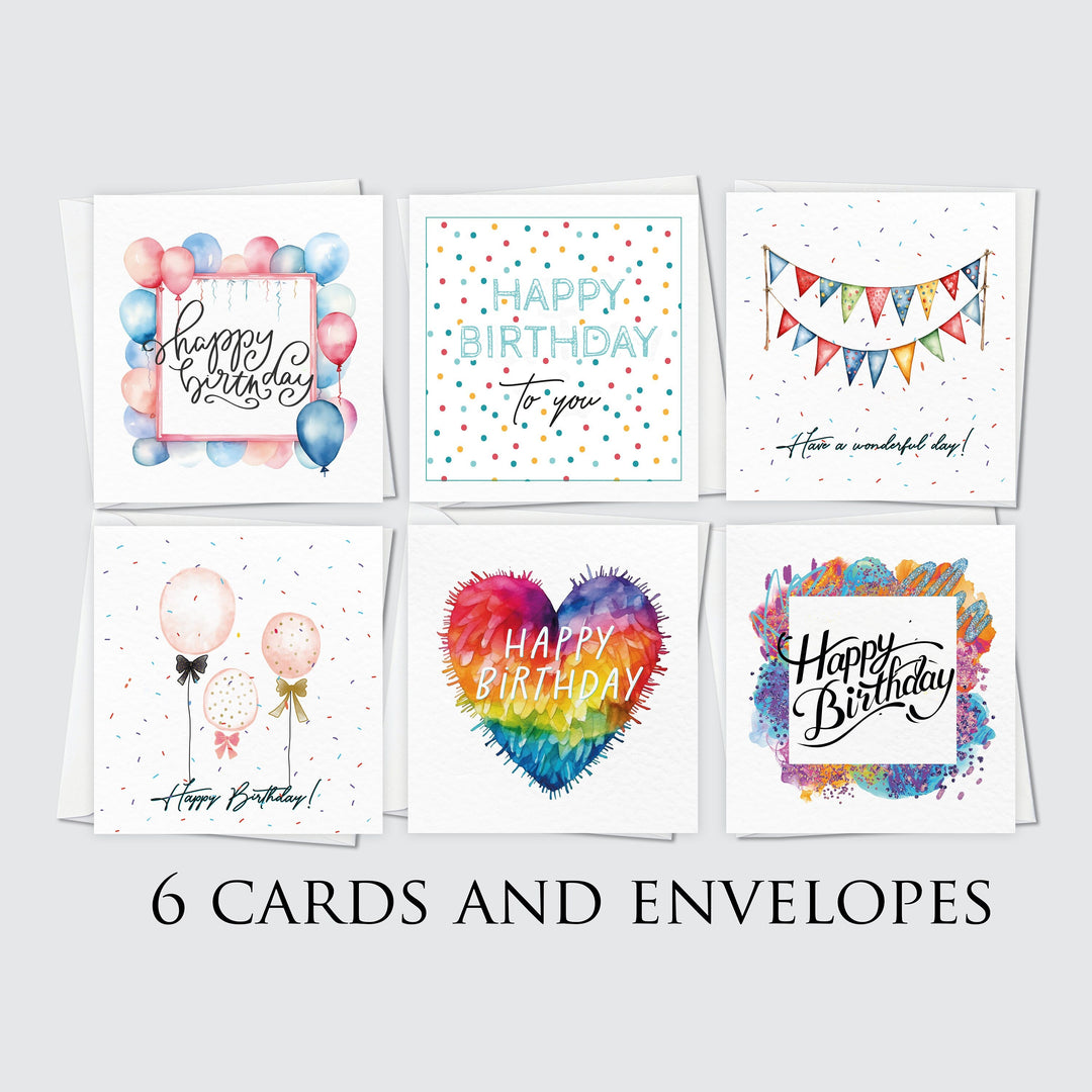 6x Colourful Birthday Cards, Set of 6 Happy Birthday Blank Cards, Watercolour Variety Multi pack, Unisex Any Age Cards Pack with colourful heart pinata, colourful watercolour frame, balloons, bunting, confetti