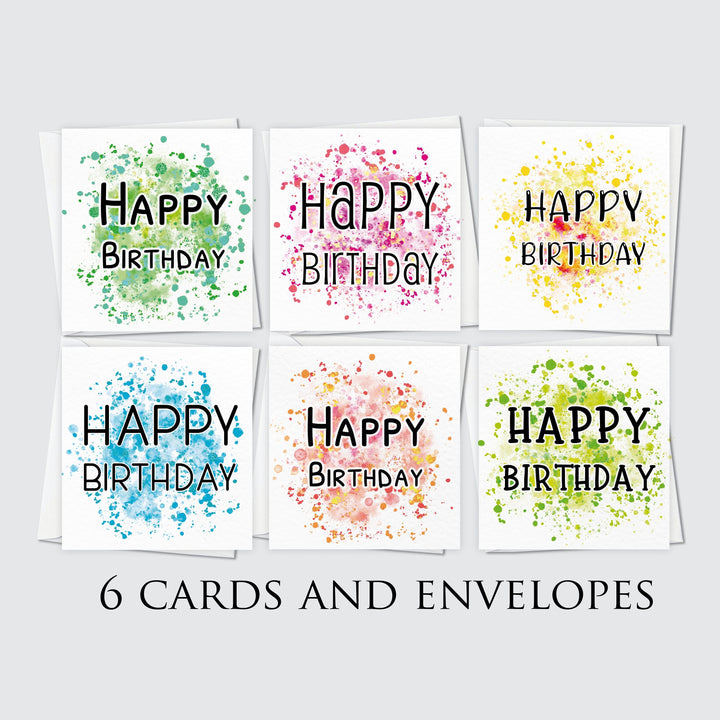 5x Happy Birthday Greeting Cards, Set of 5 Happy Birthday Blank Cards, Watercolour Variety Multi pack, Cards With Envelopes colourful splashes background